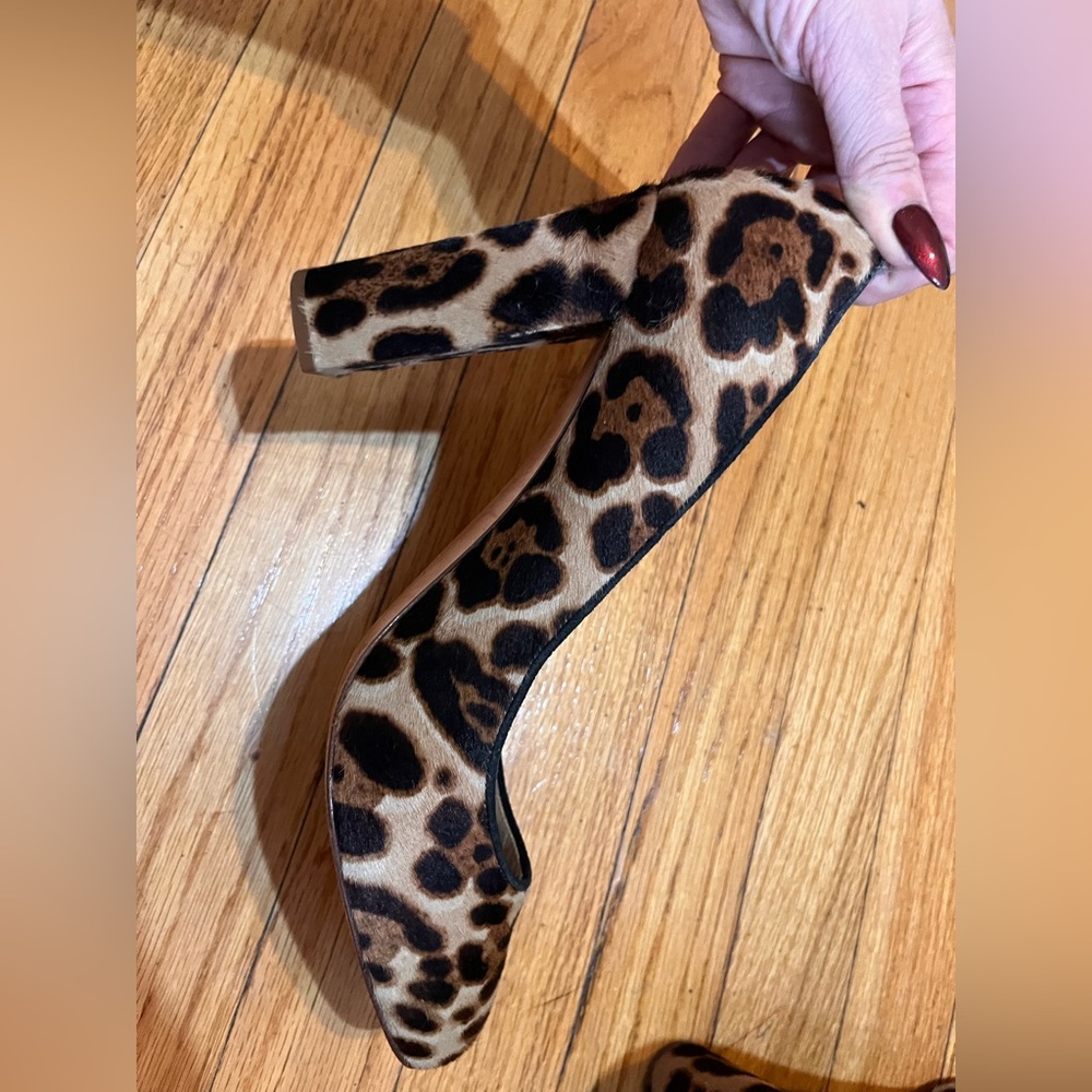 J Crew size 11 leather calf hair animal cheetah heel black brown tan - Picture 5 of 9